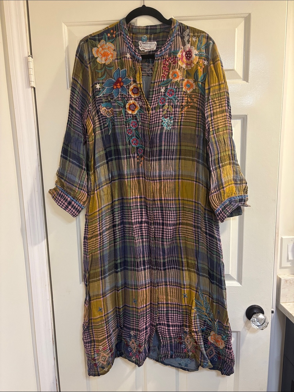 Johnny Was Mustard & Olive Plaid Embroidered Tunic Dress